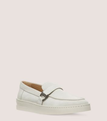 Stuart Weitzman,HAMPTONS BUCKLE LOAFER,Leather,Suede,Rubber,Loafer,Metal,Shoe Straps,Gunmetal,Business Casual,White,Side View