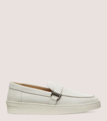 Stuart Weitzman,HAMPTONS BUCKLE LOAFER,Leather,Suede,Rubber,Loafer,Metal,Shoe Straps,Gunmetal,Business Casual,White,Front View