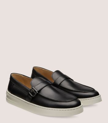 Stuart Weitzman,HAMPTONS BUCKLE LOAFER,Leather,Rubber,Loafer,Metal,Shoe Straps,Gunmetal,Business Casual,Black,Angle View