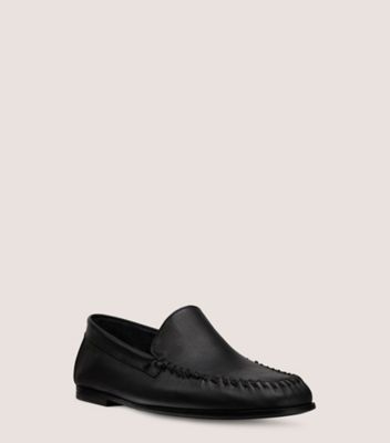 Stuart Weitzman,MONTAUK VENETIAN MOC,Leather,Rubber,Loafer,Logo,Whipstitch,Flexible,Work,Black,Side View