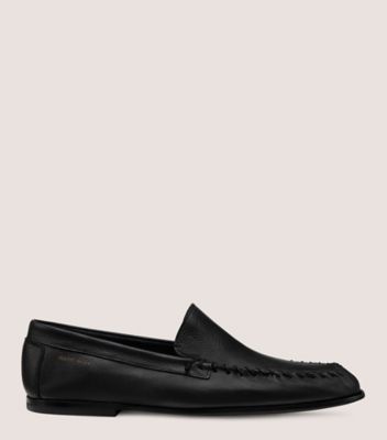 Stuart Weitzman,MONTAUK VENETIAN MOC,Leather,Rubber,Loafer,Logo,Whipstitch,Flexible,Work,Black,Front View