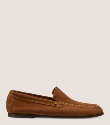 Stuart Weitzman,MONTAUK VENETIAN MOC,Leather,Suede,Rubber,Loafer,Logo,Whipstitch,Flexible,Business Casual,Brown,Front View