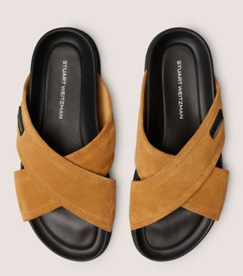 Stuart Weitzman,SW FLEX CRISSCROSS SPORT SLIDE,Leather,EVA,Suede,Rubber,Slides,Logo,Flexible,Casual,Brown,Top View