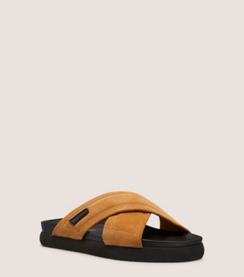 Stuart Weitzman,SW FLEX CRISSCROSS SPORT SLIDE,Leather,EVA,Suede,Rubber,Slides,Logo,Flexible,Casual,Brown,Side View