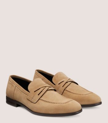 Stuart Weitzman,SIMON CRISSCROSS LOAFER,Leather,Suede,Rubber,Loafer,Penny Loafer,Flexible,Padded Insole,Work,Beige,Angle View