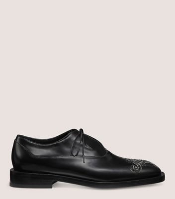 Stuart Weitzman,ROYCE RUNWAY WINGTIP,Leather,Oxford,Crystal,Studded,Rhinestones,Logo,Formal,Black