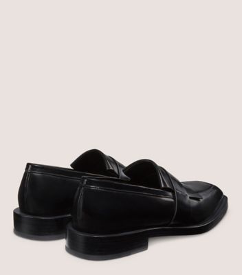 Stuart Weitzman,ROYCE KILTIE LOAFER,Leather,Loafer,Logo,Shoe Straps,Notched Embellishment,Work,Black,Back View