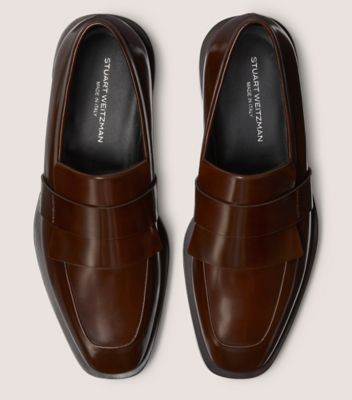 Stuart Weitzman,ROYCE KILTIE LOAFER,Leather,Loafer,Logo,Shoe Straps,Notched Embellishment,Work,Brown