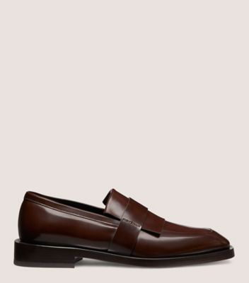 Stuart Weitzman,ROYCE KILTIE LOAFER,Leather,Loafer,Logo,Shoe Straps,Notched Embellishment,Work,Brown,Front View