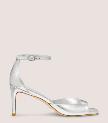 Stuart Weitzman,NUDISTIA 75 SANDAL,Sandals,Cushioned,Cocktail,Silver,Front View