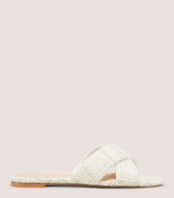 Stuart Weitzman,ROZA PEARL SLIDE,Slide,Shimmer Boucle,Cream,Front View