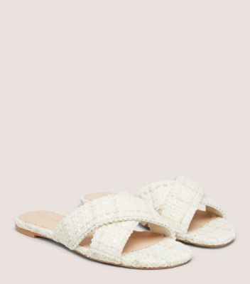 Stuart Weitzman,ROZA PEARL SLIDE,Slide,Shimmer Boucle,Cream,Angle View