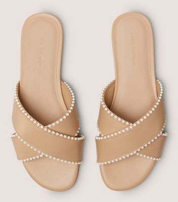 Stuart Weitzman,ROZA PEARL SLIDE,Leather,Rubber,Slides,Pearl,Casual,Beige,Top View