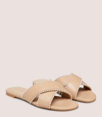 Stuart Weitzman,ROZA PEARL SLIDE,Leather,Rubber,Slides,Pearl,Casual,Beige,Angle View