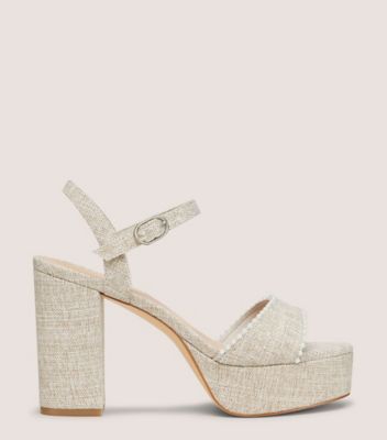 Stuart Weitzman,DANCER PEARL PLATFORM SANDAL,Linen,Rubber,Sandals,Pearl,Party,Cream,Front View