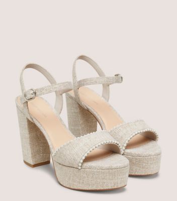 Stuart Weitzman,DANCER PEARL PLATFORM SANDAL,Linen,Rubber,Sandals,Pearl,Party,Cream,Angle View