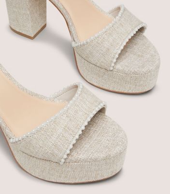Stuart Weitzman,DANCER PEARL PLATFORM SANDAL,Linen,Rubber,Sandals,Pearl,Party,Cream,Detailed View
