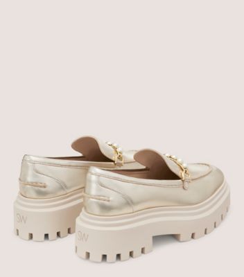 Stuart Weitzman,PERLA ULTRA LUG LOAFER,Rubber,Leather,Loafer,Pearl,Casual,Champagne,Back View