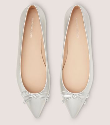 Stuart Weitzman,GABBY BOW POINTED FLAT,Leather,Rubber,Flats,Bow,Day Party,Silver,Metallic