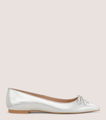 Stuart Weitzman,GABBY BOW POINTED FLAT,Leather,Rubber,Flats,Bow,Day Party,Silver,Metallic