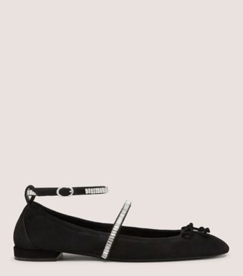 Stuart Weitzman,STEFANIE BALLET FLAT,Flat,Suede & crystal,Black & Clear,Front View