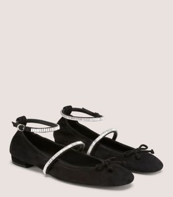 Stuart Weitzman,STEFANIE BALLET FLAT,Suede,Leather,Ballet Flats,Crystal,Shoe Straps,Rhinestones,Bow,Cocktail,Black