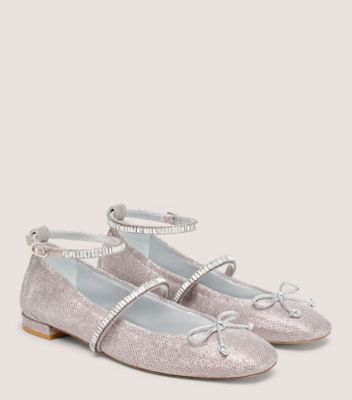 Stuart Weitzman,STEFANIE BALLET FLAT,Leather,Ballet Flats,Crystal,Shoe Straps,Glitter,Bow,Embellished,Rhinestones,Formal,Metallic,Silver,Angle View