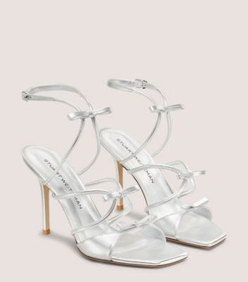 Stuart Weitzman,TULLY 100 SANDAL,Metallic,Silver,Angle View