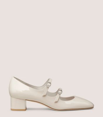 Stuart Weitzman,CLARIS MJ 35 PUMP,Leather,Pumps,Belt,Formal,Cream,Front View