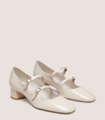 Stuart Weitzman,CLARIS MJ 35 PUMP,Leather,Pumps,Belt,Formal,Cream,Angle View