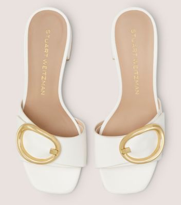 Stuart Weitzman,BENNI 35 SLIDE,Leather,Slides,Belt,Gold Metal,Day Party,White,Top View