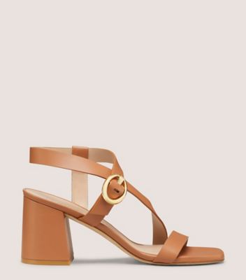 Stuart Weitzman,BENNI 75 SANDAL,Slide,Leather,Tan,Front View