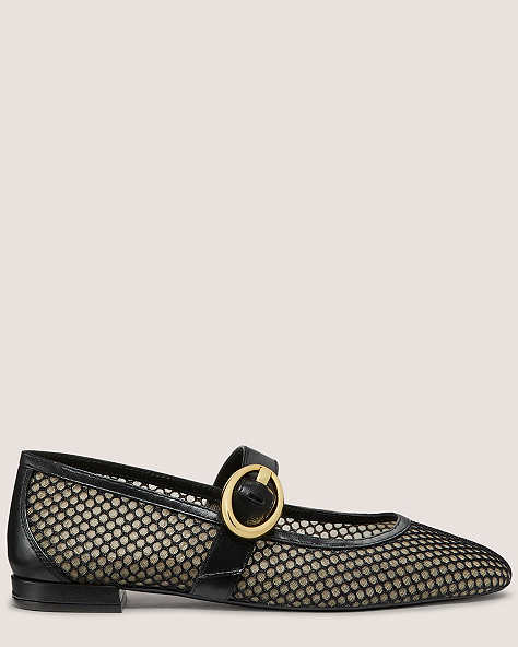 Stuart Weitzman,ARABELLA MARY JANE,Flat,Mesh & Lacquered Nappa Leather,Black,Front View