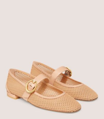 Stuart Weitzman,ARABELLA MARY JANE,Mesh,Leather,Nappa Leather,Ballet Flats,Leather Embellishment,Casual,Beige,Angle View