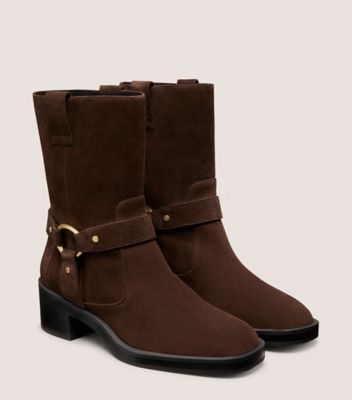 Stuart Weitzman,JAX BOOTIE,Moto,Harness Embellishment,Studded,Cushion Toe,Cushioned,Pull Tab,Day Party,Brown,Angle View