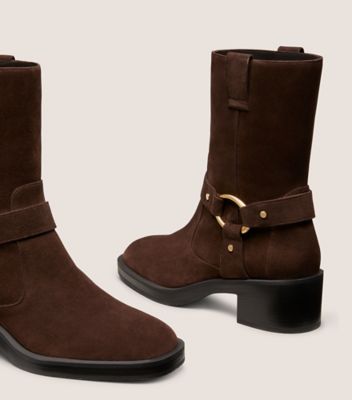 Stuart Weitzman,JAX BOOTIE,Moto,Harness Embellishment,Studded,Cushion Toe,Cushioned,Pull Tab,Day Party,Brown,Detailed View