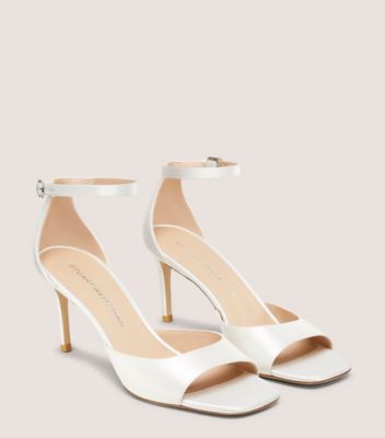 Stuart Weitzman,NUDISTIA 75 SANDAL,Satin,Leather,Sandals,Day Party,White,Angle View