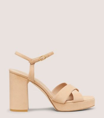 Stuart Weitzman,DAYNA PLATFORM SANDAL,Sandal,Suede,Adobe Beige,Front View