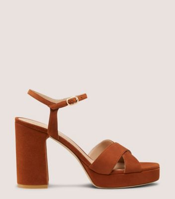 Stuart Weitzman,DAYNA PLATFORM SANDAL,Sandal,Suede,Briddle Brown,Front View