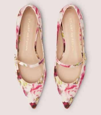 Stuart Weitzman,EMILIA MARY JANE FLAT,Flat,Floral Printed Jacquard,Pink/Multi,Top View