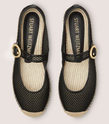 Stuart Weitzman,ESPADRILLE PLATE BENNI,Flat,Maille et cuir nappa verni,Noir,Top View