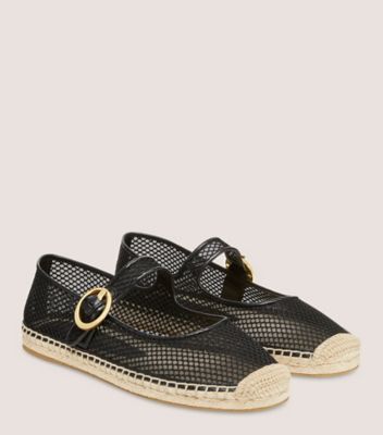 Stuart Weitzman,BENNI ESPADRILLE FLAT,Flat,Mesh & Lacquered Nappa Leather,Black,Angle View