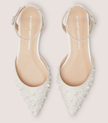 Stuart Weitzman,BLISS FLAT,Leather,Satin,Flats,Embellished,Pearl,Day Party,White,Top View