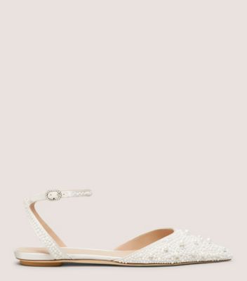 Stuart Weitzman,BLISS FLAT,Leather,Satin,Flats,Embellished,Pearl,Day Party,White,Front View