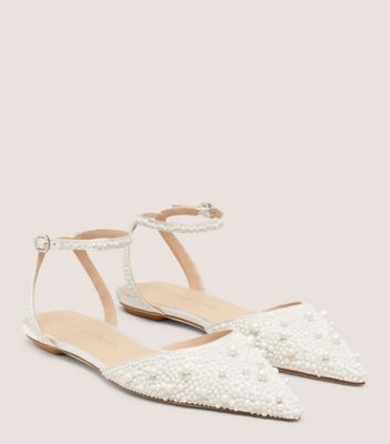 Stuart Weitzman,BLISS FLAT,Leather,Satin,Flats,Embellished,Pearl,Day Party,White,Angle View