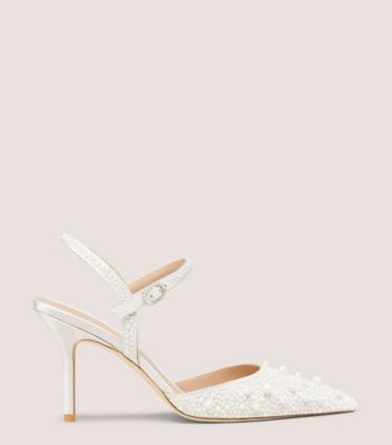 Stuart Weitzman,BLISS 85 PUMP,Satin,Leather,Pumps,Embellished,Pearl,Formal,White,Front View