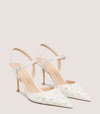 Stuart Weitzman,BLISS 85 PUMP,Pump,Satin & Pearls,Cream,Angle View