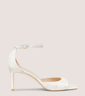 Stuart Weitzman,SANDALE BLISS 75,Sandal,Satin et perles,Crème,Front View