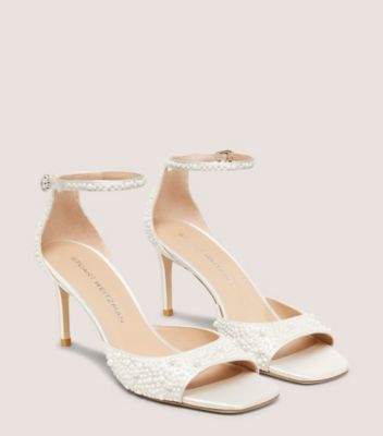 Stuart Weitzman,SANDALE BLISS 75,Sandal,Satin et perles,Crème,Angle View