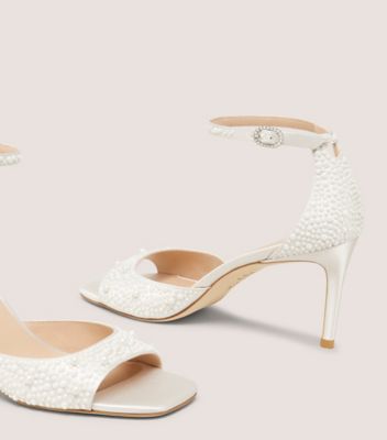 Stuart Weitzman,BLISS 75 SANDAL,Satin,Leather,Sandals,Embellished,Pearl,Formal,White,Detailed View